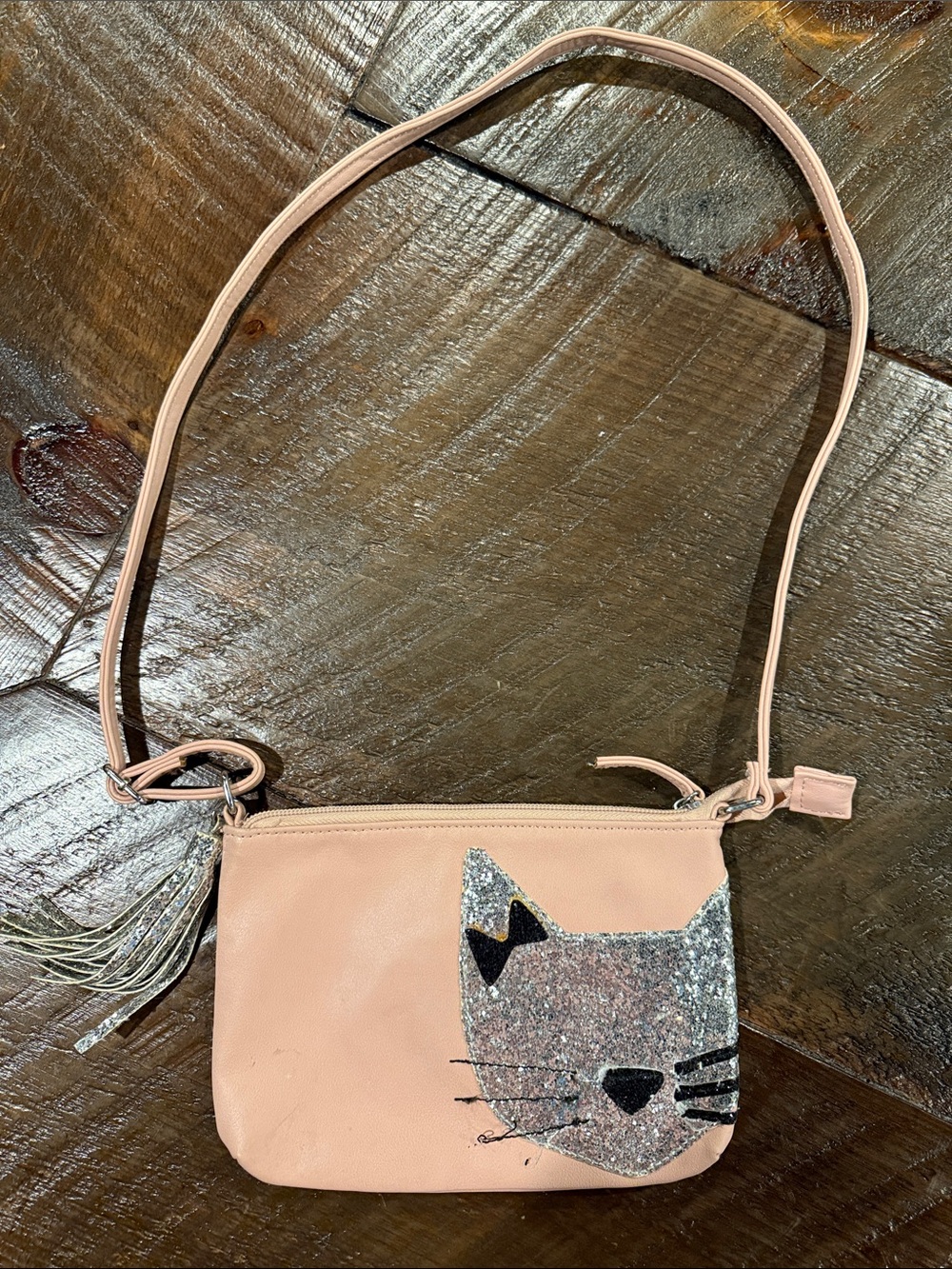 Girls' Pink Cat Crossbody Bag with Tassel Accent